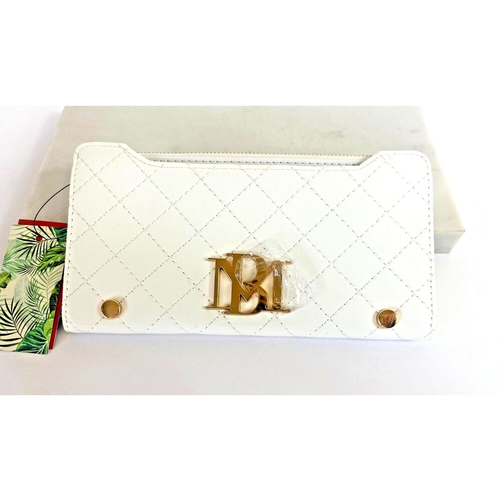 Badgley Mischka Card Wallet WHITE Quilted Zip Coin Purse Snap Designer NWT